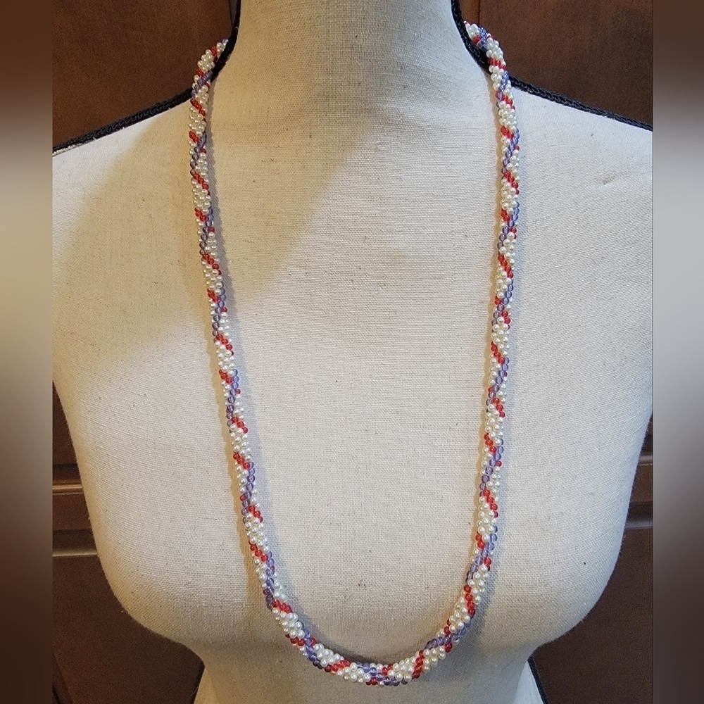 Vintage 32” Woven Beaded Rope Necklace Red Periwinkle Faux Pearl Long